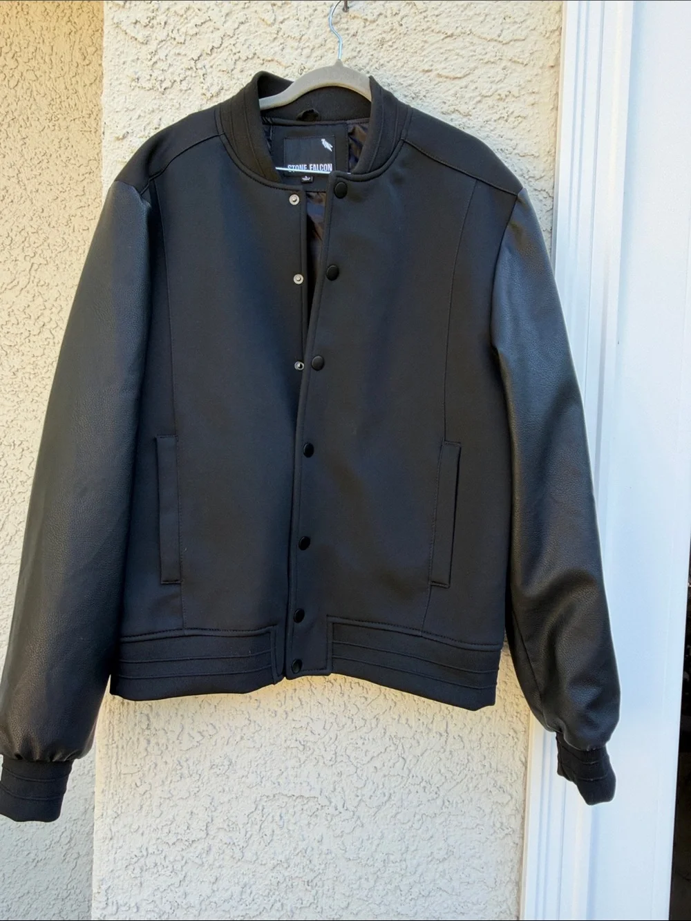 Stone Falcon Men's Black Mixed Media Bomber Jacket Size L